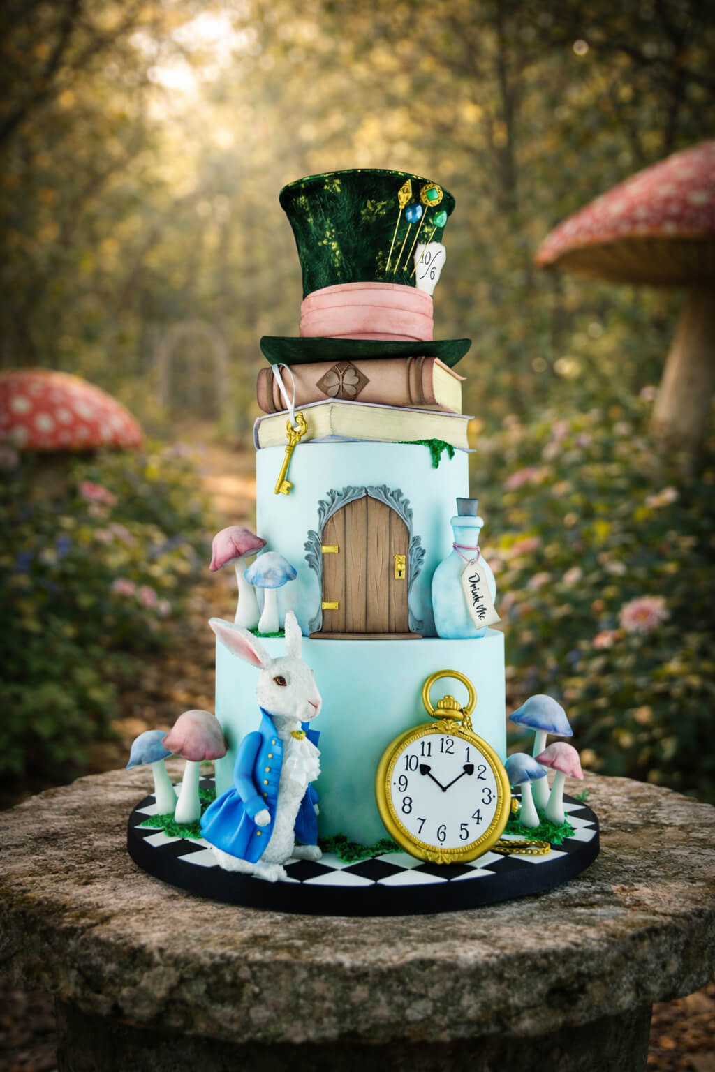 Alice in Wonderland themed cake with detailed fondant work